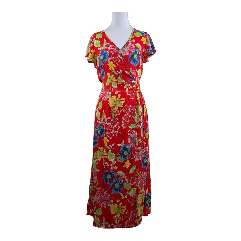 Bloomcore Sienna Sky Red Floral Faux Wrap Midi Dress Small Flutter Sleeve V Neck